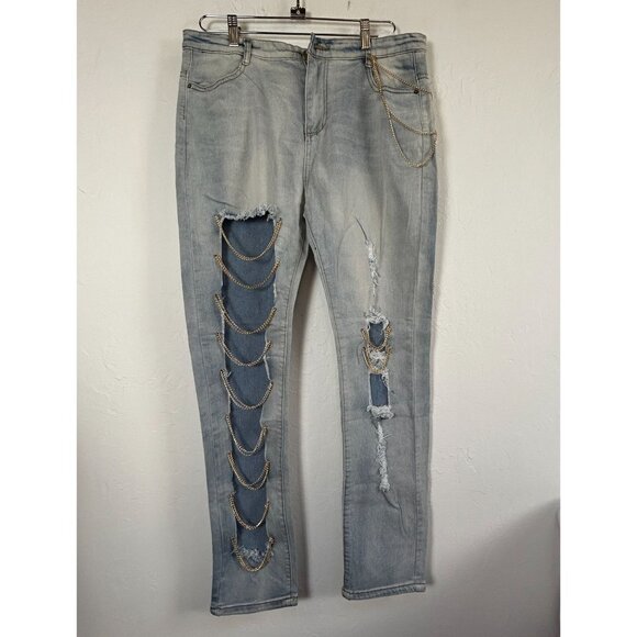 Jeans Womens Size XXL Blue Skinny Slim Fit High-Rise Ripped Chain Denim Stretch - Picture 1 of 10